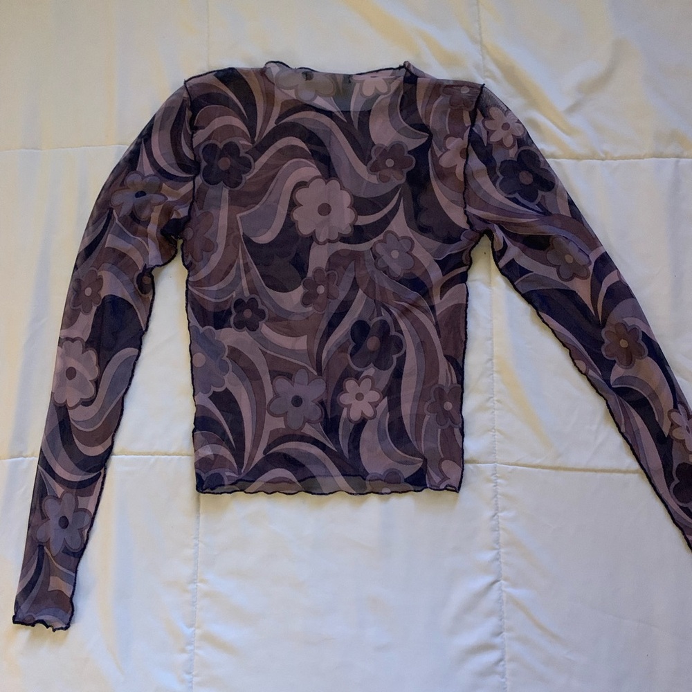 Floral Patterned Sheer Long Sleeve Top - Purple